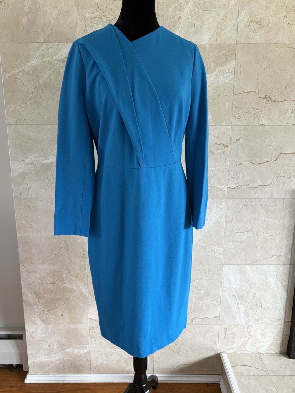 Carlisle Blue Valentine Sheath Dress — Sz 6 Architectural Fold‑Drape, Officewear